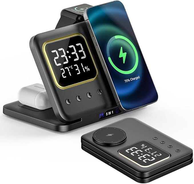 IHAO 5in1 Multi Functional Wireless Charger with Digital Clock 18W Fast Charge Night Light Temperature Display Magnetic Attraction Compliant for iPhone, Apple Watch and Qi Headphone-DH13 Black
