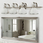 ANDY STAR Bathroom Light Fixtures Over Mirror, 4-Light Brushed Nickel Vanity Lights for Bathroom, 27.8 Inch Vintage Wall Sconce with Milk White Bell Glass Shades, Rustproof Silver Finish, E26 Base