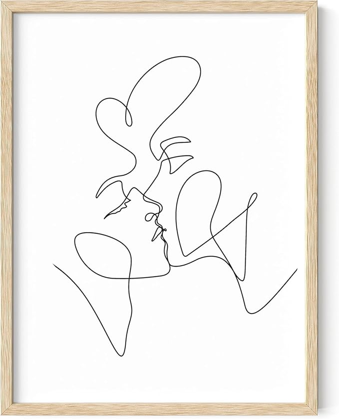 Minimalist Couple Art Wall Art Print Couple Kiss Abstract Line Drawing, Gallery Quality 12"x16" Beige Framed, Abstract Love Aesthetic Decor Bedroom Living Room