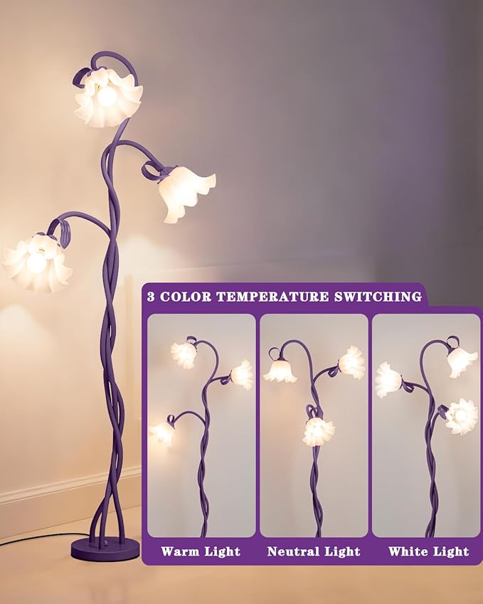Flower Floor Lamp for Bedroom - 3 Color Temperatures Decorative Flower Tall Standing Lamp for Reading with Flexible Neck for Bedroom Living Room Office Corner (Purple)