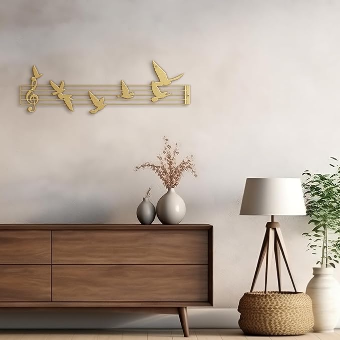 SIGNLEADER Metal Wall Art Decor Music Notes and Birds Modern Abstract Wall Sculpture Hangings Home Decoration for Living Room, Bedroom, Bathroom, Kitchen, Outdoor - 30" Gold