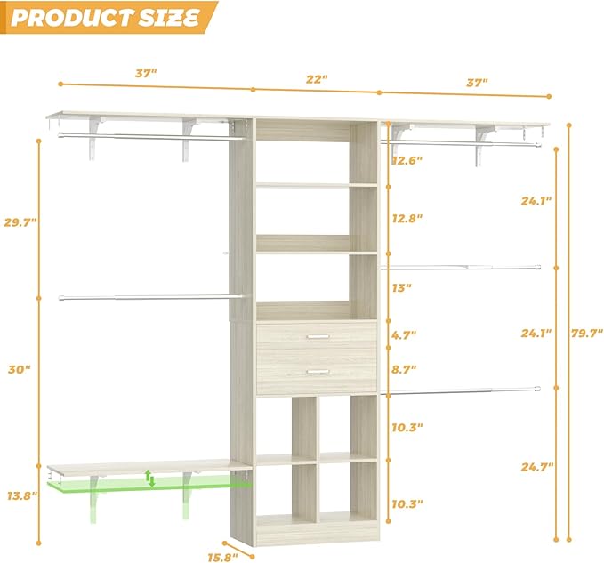 Armocity 8FT Closet System, 96 inches Closet Organizer System with Drawers, Closet Systems for Walk-in Closet, Built in, Greige Oak
