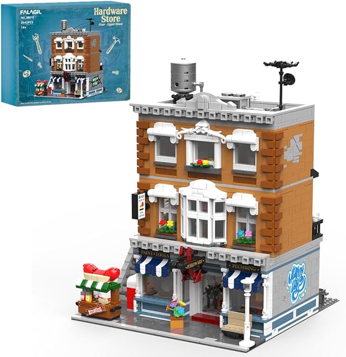Vintage American Hardware Store Building Blocks, 3-Story Modular Street View with Hot Dog Cart & 7 Figures, 3642 Pieces Adult Building Kit, Collectible City Architecture Model