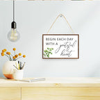 Begin Each Day With A Grateful Heart Sign Wood Plaque Wall Decor,Grateful Sign Wooden Hanging Wall Pediments for Home Office Front Door Wall Decor