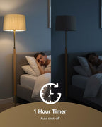 JOOFO Mid-Century Modern Wood Floor Lamp with Dual Fabric Shade, Remote Control, Dimmable & Adjustable Color Temperature, Reading & Living Room Lamp, Easy Clean Cover, Foot Switch,Natural Wood