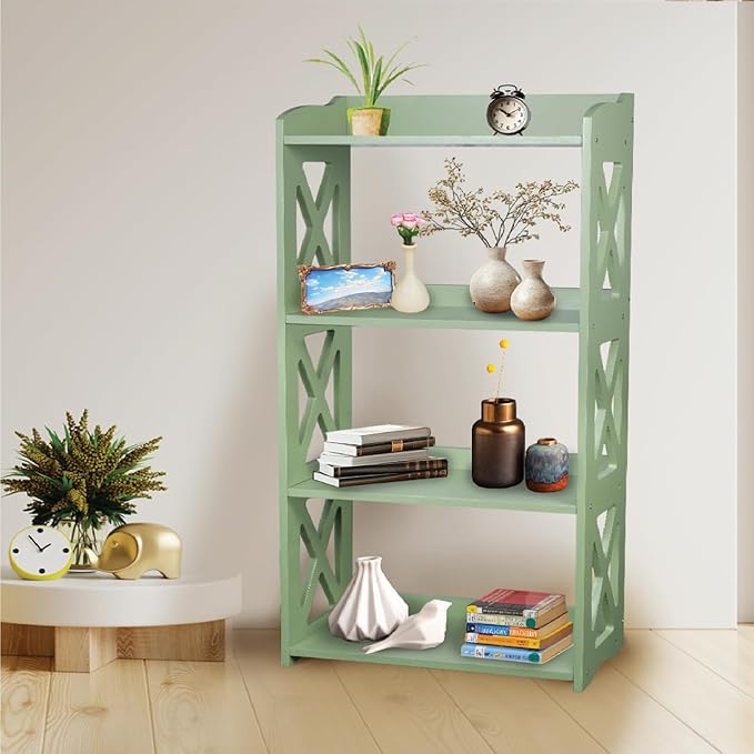 Green Bookcase by Natural Wood, 4 Tier Bookshelf, Small Book Shelves Freestanding Display Storage Shelves. Open Bookshelf for Bedroom, Living Room and Office (Green, 4 Tier)