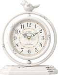 White Vintage Table Clock with Bird, European Retro Style Mantel Clocks, Desk and Shelf Decor Clock, for Living Room, Farmhouse, Bedside, Bedroom, Gift (7.9" H x 6.3" W)