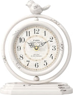 White Vintage Table Clock with Bird, European Retro Style Mantel Clocks, Desk and Shelf Decor Clock, for Living Room, Farmhouse, Bedside, Bedroom, Gift (7.9" H x 6.3" W)