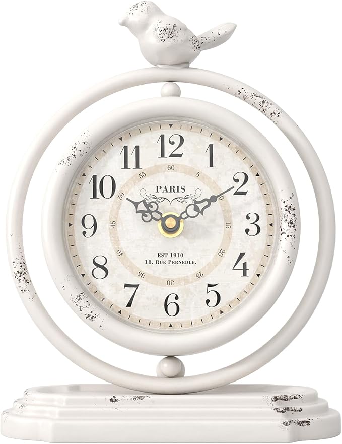 White Vintage Table Clock with Bird, European Retro Style Mantel Clocks, Desk and Shelf Decor Clock, for Living Room, Farmhouse, Bedside, Bedroom, Gift (7.9" H x 6.3" W)