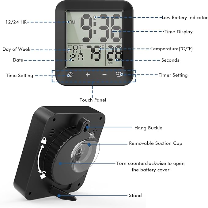 Waterproof Shower Clock Timer, Bathroom Clock with Countdown, Touch Screen, Indoor Temperature, Suction Cup, LCD Digital Wall Clock for Bath, Kitchen