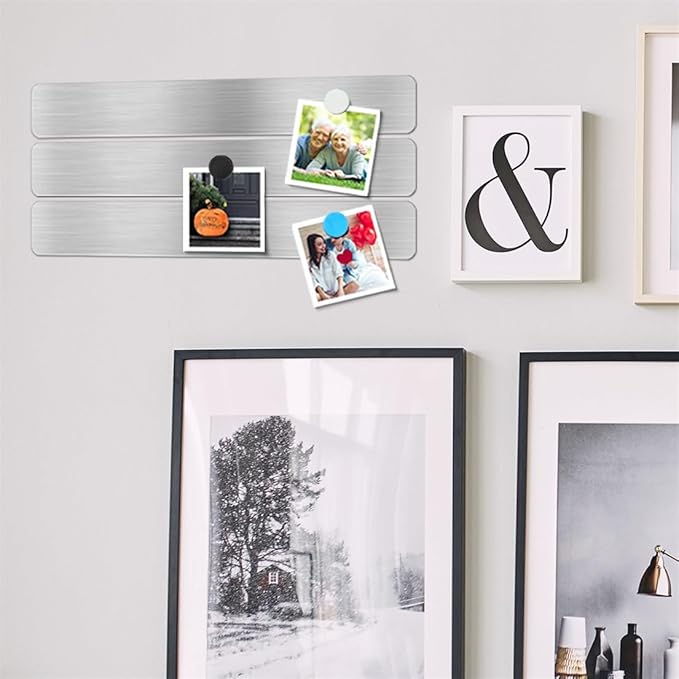 Magnetic Bulletin Strips 5PCS Self Adhesive Frameless Stainless Iron Bulletin Board Bar with 10 Magnetic Buttons for Memo Photo Notes Office School Home
