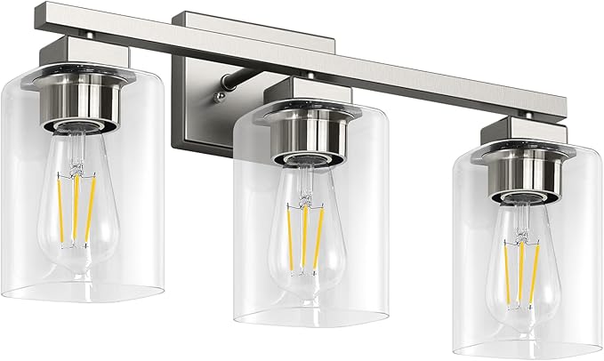 Bathroom Vanity Light, 3-Light 19" Brushed Nickel Modern Matte Wall Sconce Lighting with Clear Glass Shade, Wall Lights,Bath Vintage Wall Mounted Lamps for Mirror Bedroom Living Room