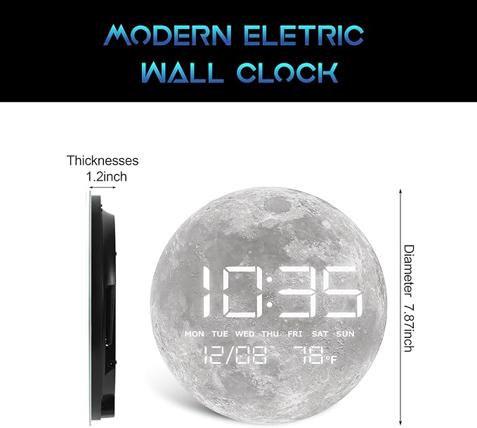 Digital Wall Clock, LED Moon/Earth Design, Temperature Display, 7.87 x 7.87 inches (Moon, 7.87 INCH)