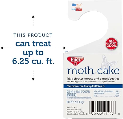 Enoz Moth Cakes – 8 Pack – Easily Hangs in Closets & Garment Bags – Kills Clothes Moths, Carpet Beetles, Eggs & Larvae – Treats 6.25 Cubic Feet