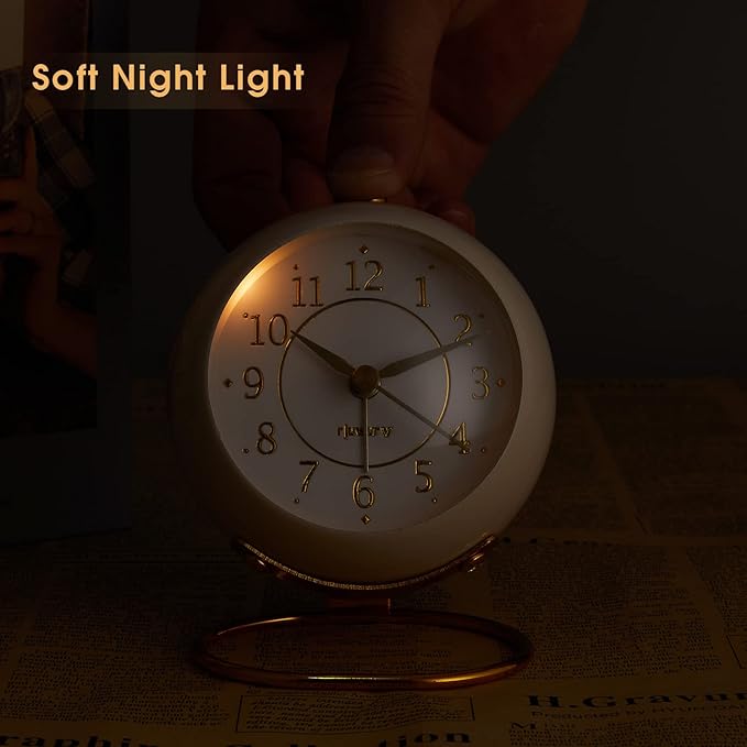 Metal Desk Clock, Retro Bedroom Table Vintage Analog Alarm Clock, Silent Non-Ticking Gold Clock, Bedside Décor(Milk White)