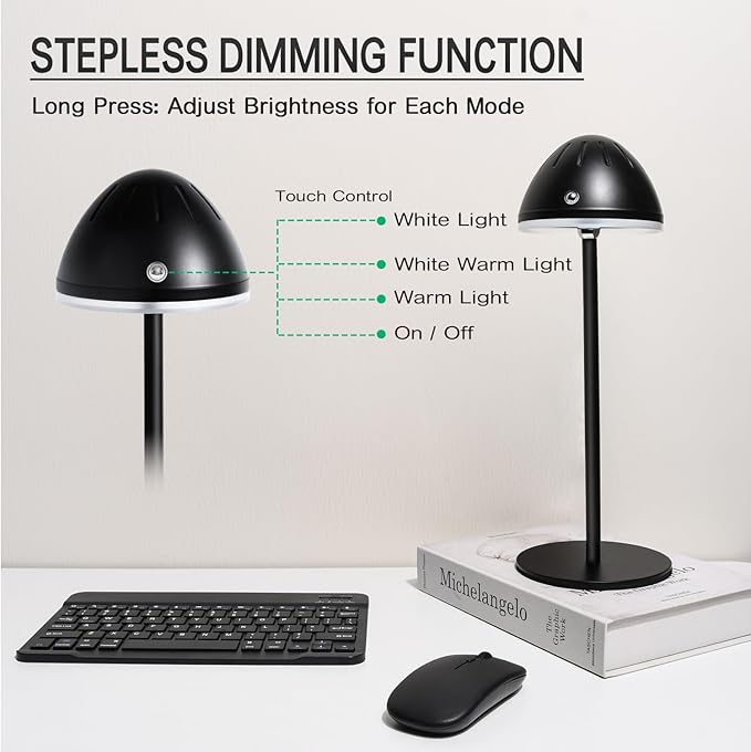 2 Pack Rechargeable Table Lamps, Cordless Bedside Touch Lamp, 3 Color Temps (3000K-6500K), Stepless Dimming, Touch Control, for Restaurant/Bedroom/Outdoor Patry/Camping