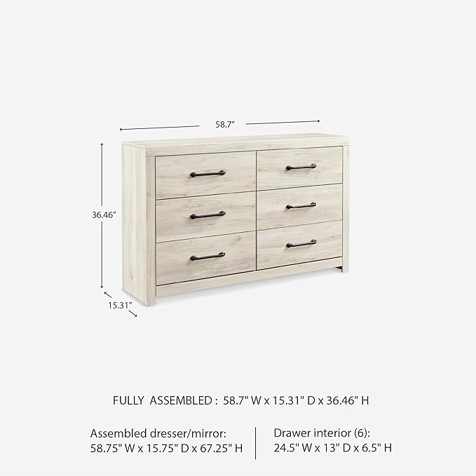 Signature Design by Ashley Cambeck Farmhouse Industrial 6 Drawer Dresser, Whitewash