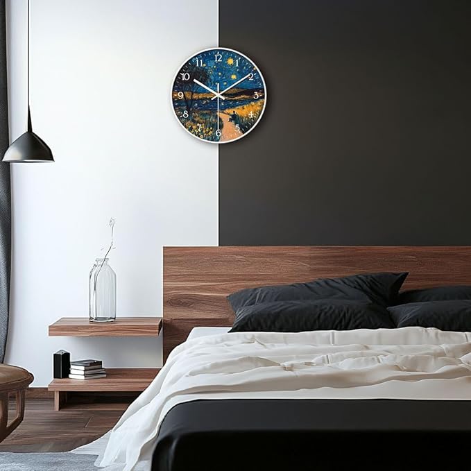 8 inch Silent Battery Operated Wall Clock, Decorative Round Wall Clock, Men Under The Starry Night