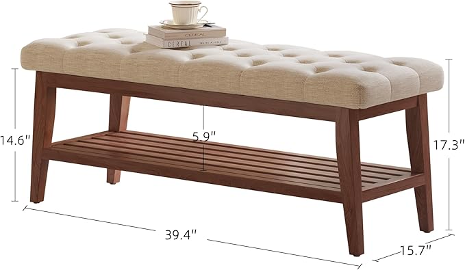 LEILISI Entryway Shoe Bench with Storage, End of Bed Bench, Linen Upholstered Button-Tufted Seat Bench with Solid Wood Frame for Living Room, Bedroom (Beige, 39.4'')