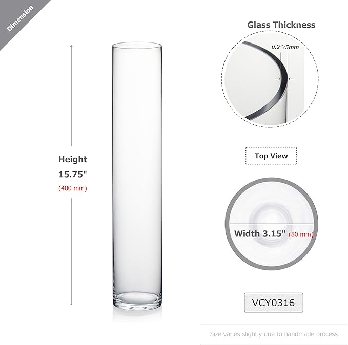 WGVI Quality Thick Weighted Tall Clear Cylinder Glass Vase, 3" W x 16" H, Flower Arrangement Candle Holder Floral Container Wedding Centerpieces Home Decor Bulk Wholesale, 12 Pieces