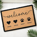 Personalized Coconut Doormat - Welcome Entryway Décor Gift, Custom Family Name Keepsake for Home, Thoughtful Housewarming, Anniversary or Everyday Front Door Accent - Welcome Family Heart Pawprints