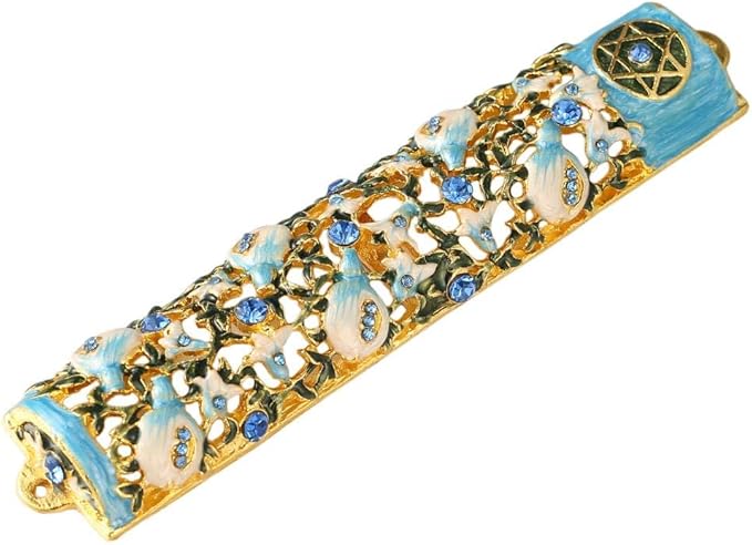 Matashi 3.5" Hand Painted Mezuzah with Scroll - Embellished with Ivy and Flowers Design, Blue Crystals - Jewish Holiday Housewarming Gift and Blessing for Christmas Holiday, Festival