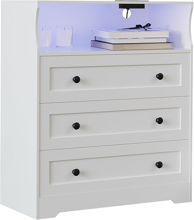 37.2" 3-Drawer Dresser with LED Lights & Charging Station, Wood Chest of Drawers with Open Space, Bedroom Closet Organizer for Living Room, Entryway, Bedside Storage, White