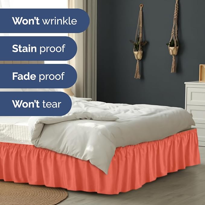 Wrap Around Dust Ruffle Bed Skirt - Coral - for King Size Beds with 21 Inch Drop - Easy Fit Elastic Strap - Adjustable Pleated Bedskirt w/Brushed Fabric - Wrinkle Free - for Women, Men, Kids & Teens