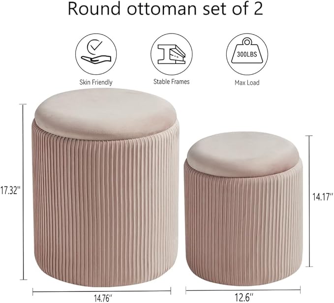 Round Set of 2 Ottoman with Storage-Upholstered Velvet Vanity Stool for MakeupMultifunctional Ottomans Coffee Table Padded Seat Foot Rest for Living Room&Bedroom(Pink)
