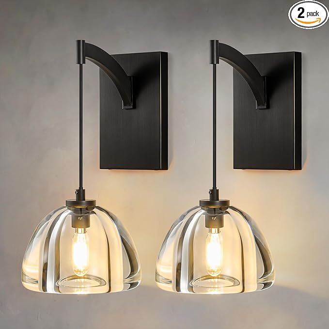 Crystal Brass Dome Wall Sconce - Luxury Matte Brushed Lighting Fixture with K9 Crystals Cloche - Set of 2 Modern Black Sconces - Dimmable Indoor Hanging Light for Bathroom Bedroom Living Room Stair
