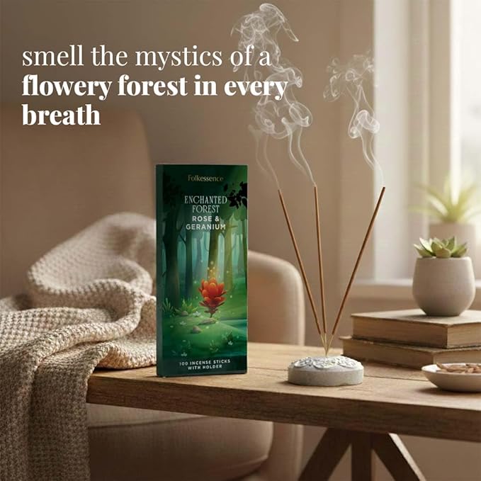 Folkulture Rose & Geranium Incense Sticks with Holder (100 Sticks)| Rose & Geranium Incents Stick for Aromatherapy | No Charcoal,Organic,Non Toxic, 45 Mins, Slow Burning Insence - Forest Inspired