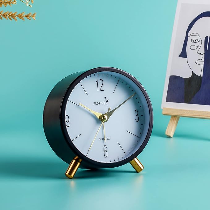 4 inches Super Silent Alarm Clock, Classic Black Beep Wake Round Alarm Clock with Night Light,Battery Operated,Easy Set Entry Lux Stylefor Desk, Bedroom and Home Decoration