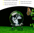 HDCRYSTALGIFTS 60mm Butterfly Crystal Ball Paperweight,3D Laser Engraved Butterfly on Sunflower in Glass Ball with Stand Decorative Glass Sphere Home Decor Gifts for Women Girls