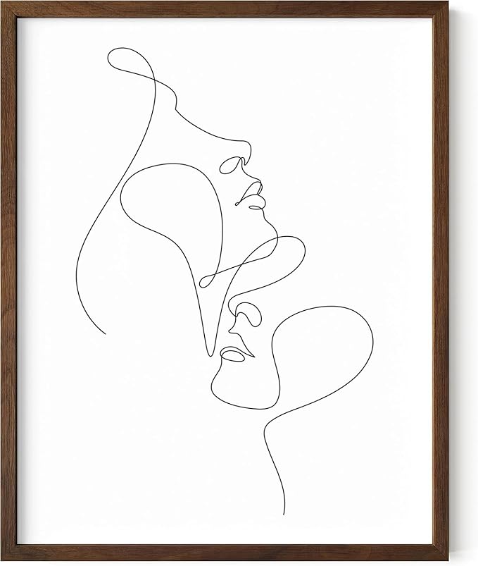 Minimalist Face to Face Wall Art Two Portraits Continuous Line Drawing 11x14 Inch Oak Wood Walnut Framed Modern Aesthetic Profile Print for Bedroom Decor