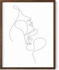 Minimalist Face to Face Wall Art Two Portraits Continuous Line Drawing 11x14 Inch Oak Wood Walnut Framed Modern Aesthetic Profile Print for Bedroom Decor