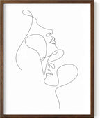 Minimalist Face to Face Wall Art Two Portraits Continuous Line Drawing 11x14 Inch Oak Wood Walnut Framed Modern Aesthetic Profile Print for Bedroom Decor