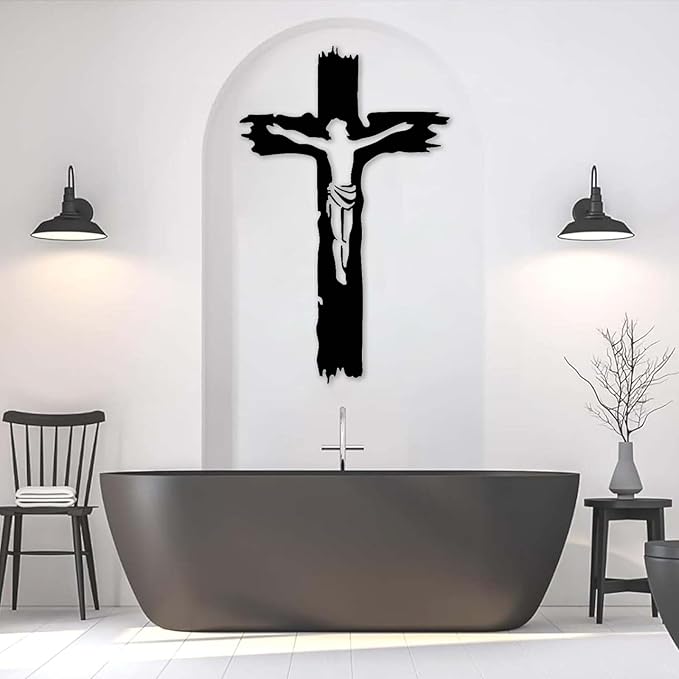 Idadey Jesus Metal Wall Art, Cross Metal Wall Art, Christian Cross Wall Decor, Religious Metal Wall Decor, Christian Gifts, Living Room Wall Decor, Housewarming Gifts (Silver, 30"x19"|76x47cm)
