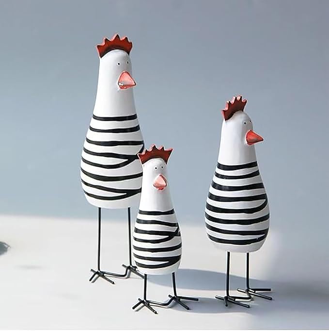 3PCS Wood Chicken Rooster Decor Figurines Set Farmhouse Rustic Home Office Decor