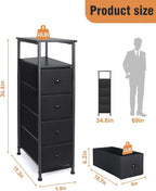 Narrow Dresser for Bedroom, Fabric Tall Dresser & Chests of Drawers with 4 Drawers, Vertical Organizer Storage Tower Unit for Bedroom, Hallway, Entryway Balck