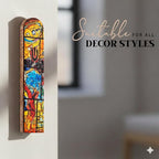 SURI Wooden Mezuzah Case for Door – 5 Inch Yellow Chagall-Inspired Mezuza Cover with Printed Scroll, Self-Stick Adhesive, Fits a 4 Inch Scroll, Gift Box Included