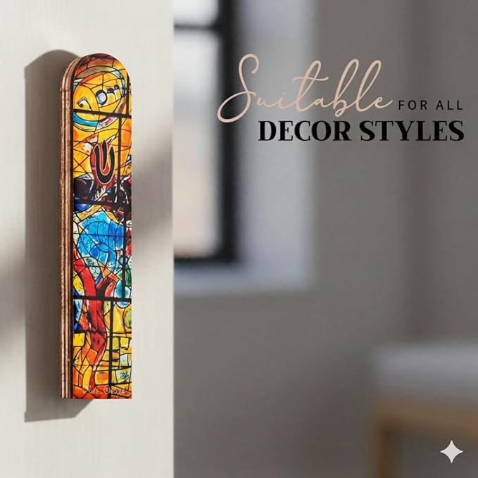 SURI Wooden Mezuzah Case for Door – 5 Inch Yellow Chagall-Inspired Mezuza Cover with Printed Scroll, Self-Stick Adhesive, Fits a 4 Inch Scroll, Gift Box Included