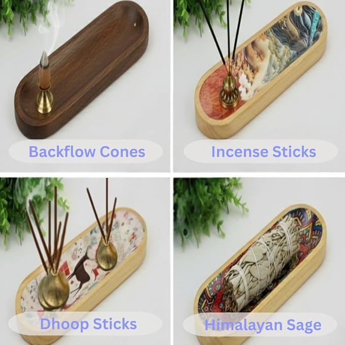 Bless-International Traditional-Handmade-Tray-Burner Wooden-Trat-Incense-Stick-Holder Ash-Catcher-Stand for-Aromatherapy-Meditation-Yoga (Green White Agate, 11x4x1.22 Inches)
