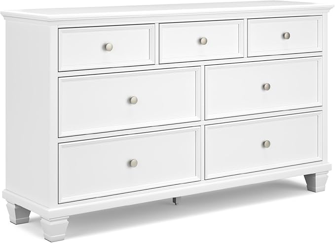 Signature Design by Ashley Fortman Casual Dresser with 7 Storage Drawers and Tapered Feet, Round Metal Knobs" Satin Nickel-tone, Wood, 36" High, White