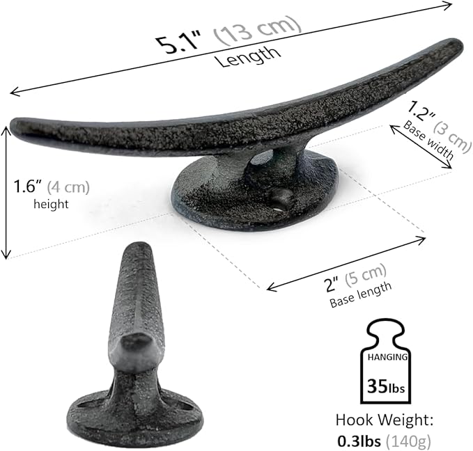 Ambipolar 5 Pack Decorative Cast Iron Heavy Duty Double Hooks, Wall Mounted Coat Hooks, Vintage Inspired (Antique Black) (Mooring Type)