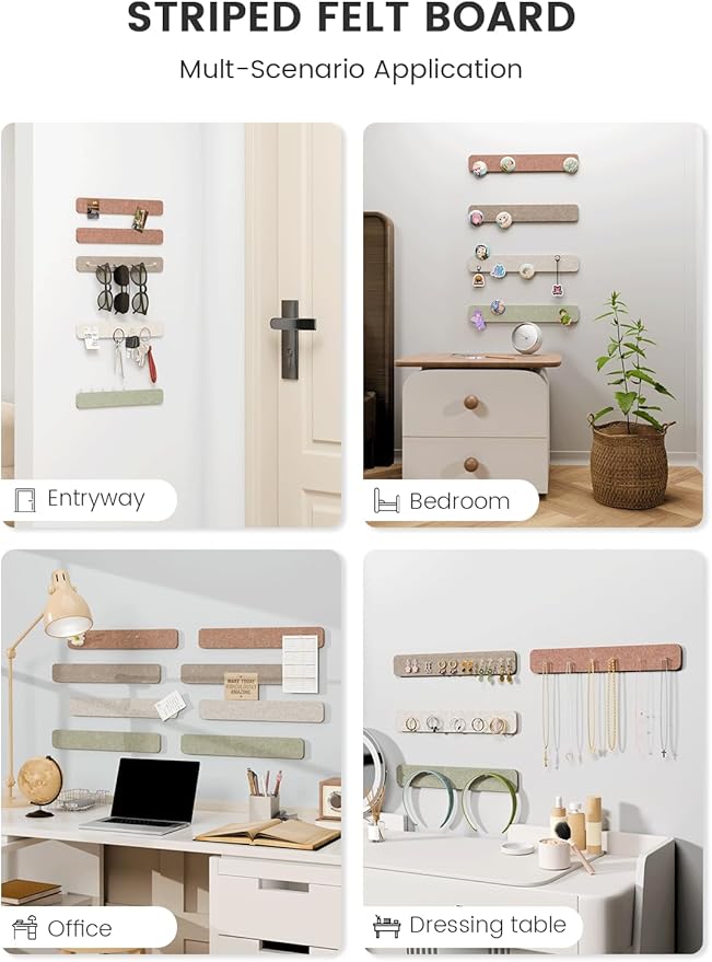 Fluxynara Cork Board Alternative Felt Strip Board 8-Pack 13"x2", Office Pin Board with 50 Push Pins, Adhesive Install for Bedroom Door & Home Office(Boho)