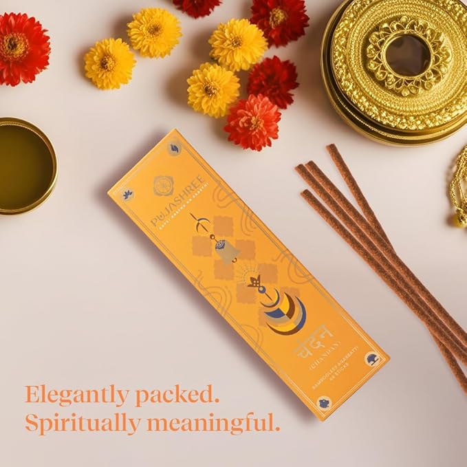 Pujashree Bambooless Agarbatti Incense Sticks 40 pcs 8 Inches | 100% Natural Charcoal Free Agarbatti Sticks | Long Lasting Burn | Woody Aroma | Neelgandha Fragrance (Chandan)