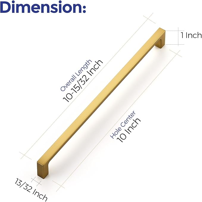 Ravinte 5 Pack 10 Inch Solid Square Cabinet Pulls - Brushed Brass Handles for Kitchen Cabinets & Drawers