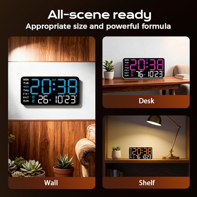 Multifunctional Decorative Led Digital Wall Clock,Large Digital Clock Shows Time,Date,Temperature,Auto Brightness Adjustment,Dual Alarms,Electronic Clock for Livingroom (Blue lamp with white shell)