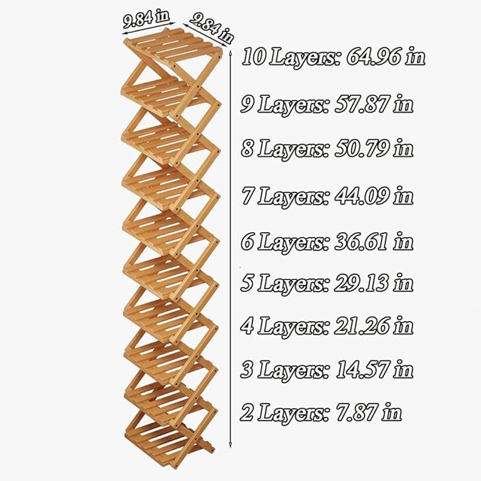 The 9-Tier No-Assembly Bamboo Rack(Foldable Storage), Bamboo Shoe Storage Rack, Space-Saving, Holds 14+ Pairs, Unfolds in 10 Sec (Brown, 9 Tier)