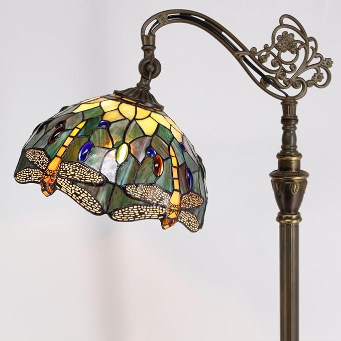 Tiffany Floor Lamp Stained Glass Lamp 18.88X12X67 Inch Angle Adjustable Arched Gooseneck Antique Reading Light (Amber Yellow Dragonfly)